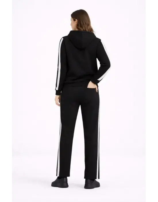 KADIN Yandan Şeritli Eşofman Takım Kapüşonlu Sweatshirt Boru Paça Alt, Oversize 3 Iplik Pamuklu - Siyah