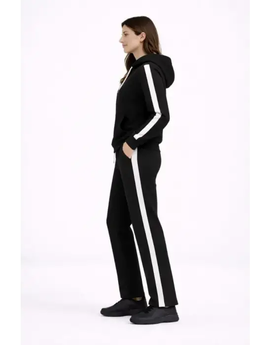 KADIN Yandan Şeritli Eşofman Takım Kapüşonlu Sweatshirt Boru Paça Alt, Oversize 3 Iplik Pamuklu - Siyah