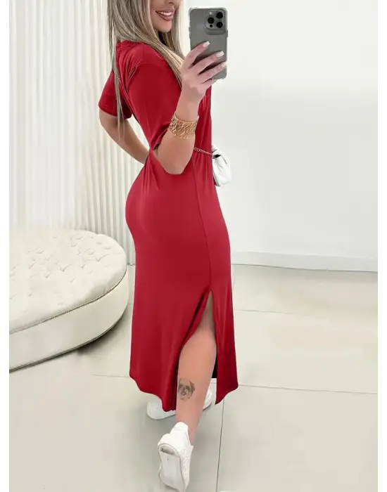 Omarı Yandan Yırtmaçlı Kadın Viskon Elbise