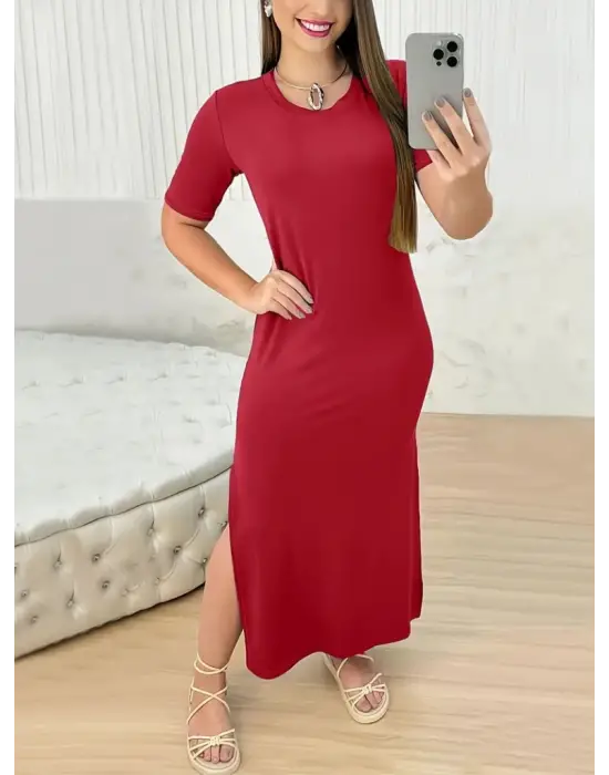 Omarı Yandan Yırtmaçlı Kadın Viskon Elbise