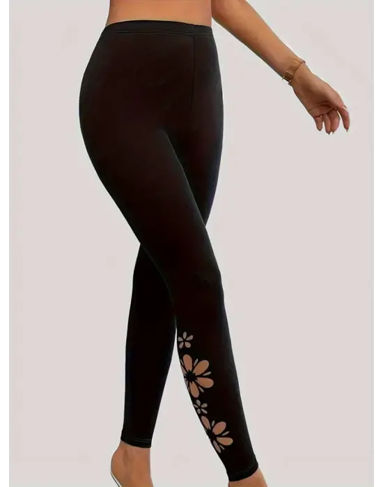 Omarı Yüksek Bel Lazer Çiçek Kesimli Kadın Taytı