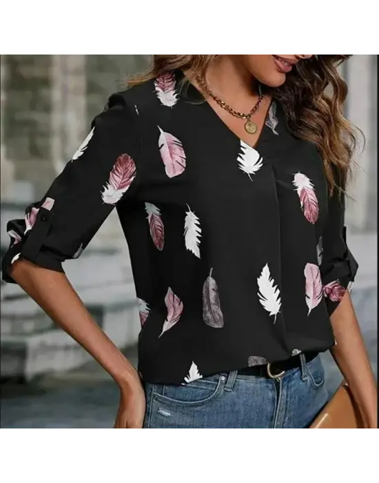 Kadın Yaprak Baskı Ayarlanabilir Truvakar Kol Süper Soft Bluz