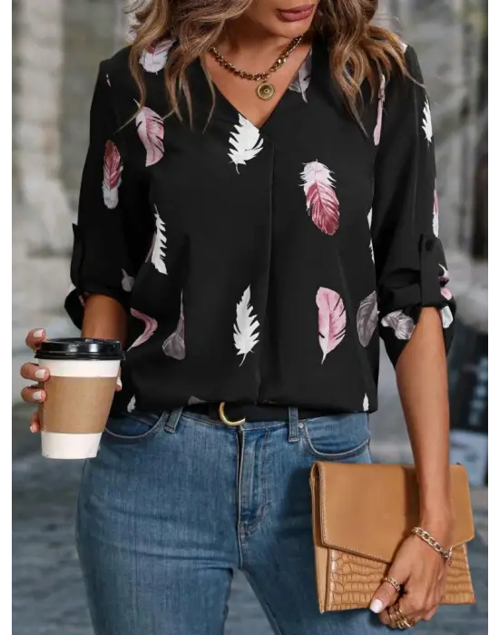 Kadın Yaprak Baskı Ayarlanabilir Truvakar Kol Süper Soft Bluz