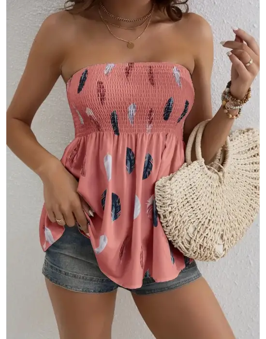 Kadın Yaprak Desenli Göğsü Gipeli Mosskrep Straplez Bluz