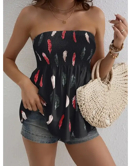 Kadın Yaprak Desenli Göğsü Gipeli Mosskrep Straplez Bluz