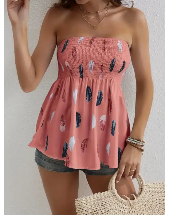 Kadın Yaprak Desenli Göğsü Gipeli Mosskrep Straplez Bluz