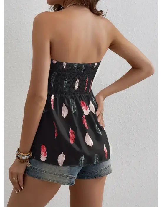 Omarı Yaprak Desenli Straplez Bluz