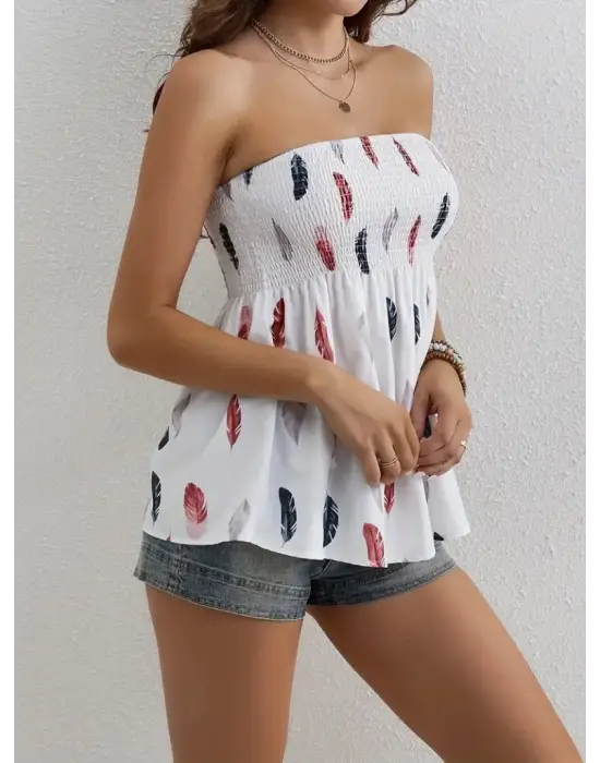 Kadın Yaprak Desenli Göğsü Gipeli Mosskrep Straplez Bluz