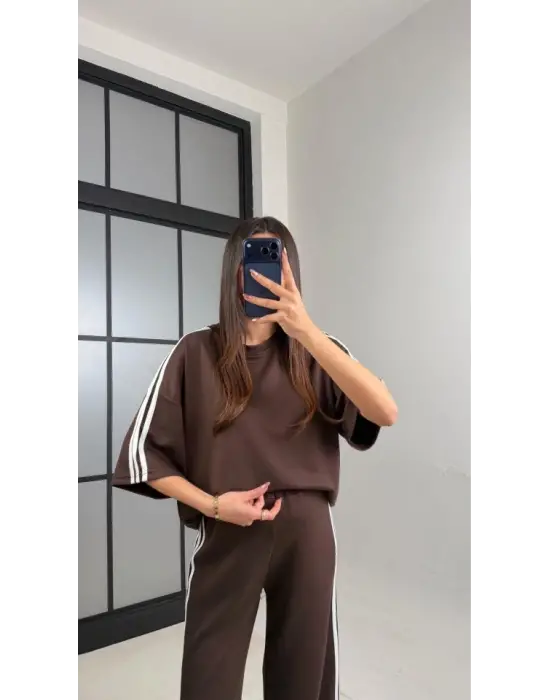 Kadın Yarasa Kol Yanları şerit Detay Modal Kumaş Ikili Takım