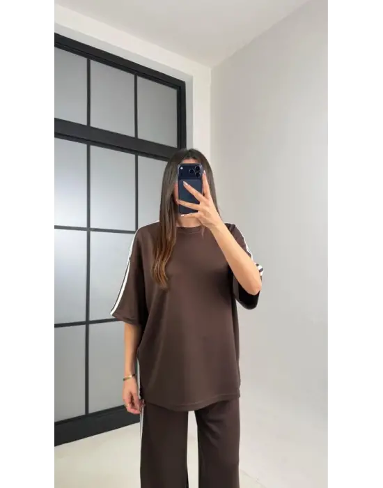 Kadın Yarasa Kol Yanları şerit Detay Modal Kumaş Ikili Takım