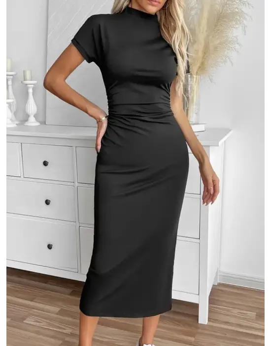 Omarı Şık Kadın Yarı Balıkçı Yaka Midi Elbise