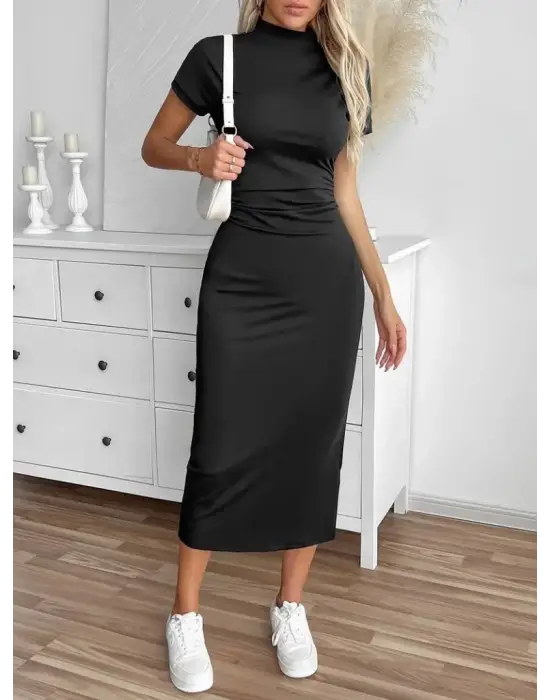 Omarı Şık Kadın Yarı Balıkçı Yaka Midi Elbise