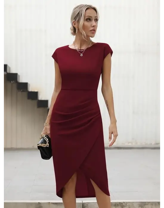 Kadın Yarım Ay Kollu Bisiklet Yaka Yandan Drapeli Ithal Krep Elbise