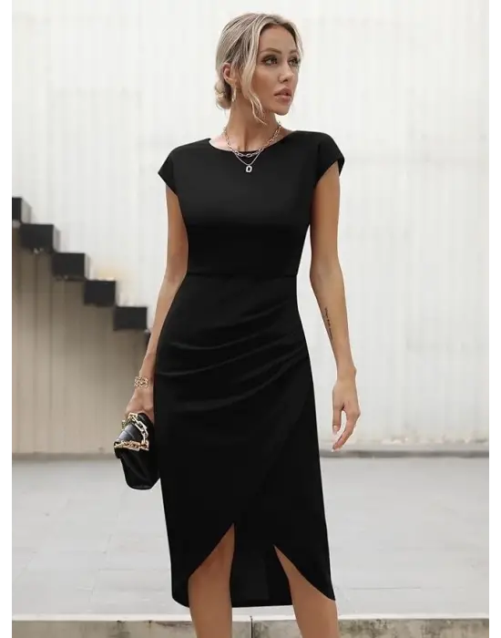 Omarı Yarım Ay Kollu Drapeli Kadın Elbisesi