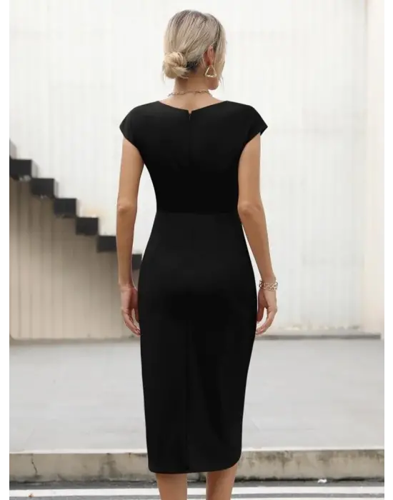 Kadın Yarım Ay Kollu Bisiklet Yaka Yandan Drapeli Ithal Krep Elbise