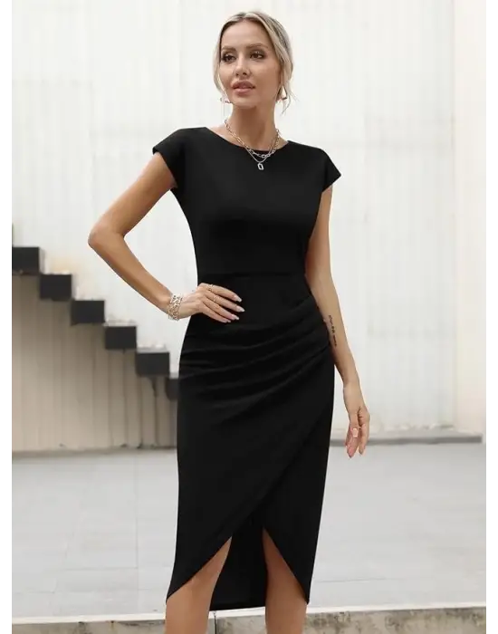 Kadın Yarım Ay Kollu Bisiklet Yaka Yandan Drapeli Ithal Krep Elbise