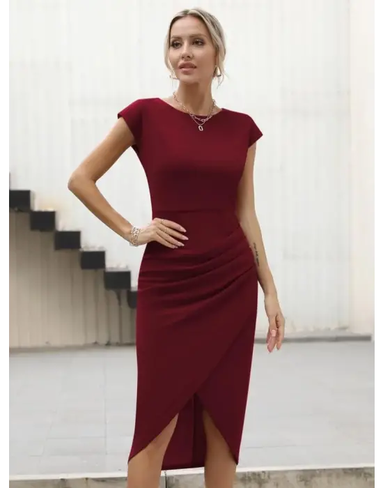 Omarı Yarım Ay Kollu Drapeli İthal Krep Elbise