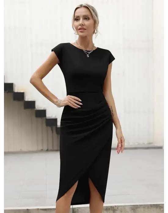 Omarı Yarım Ay Kollu Drapeli Kadın Elbisesi