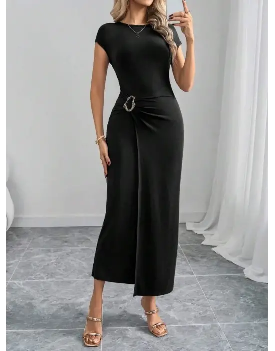 Kadın Yarım Ay Kollu Yuvarlak Yaka önünde Toka Detaylı Modal Maxi Elbise