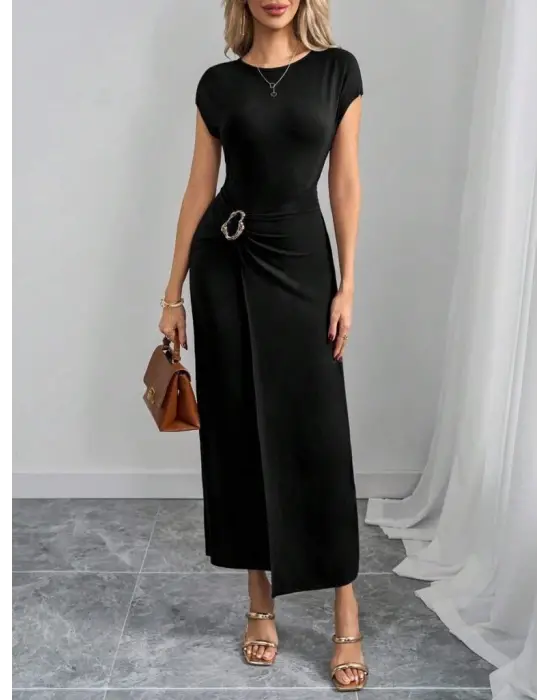 Kadın Yarım Ay Kollu Yuvarlak Yaka önünde Toka Detaylı Modal Maxi Elbise