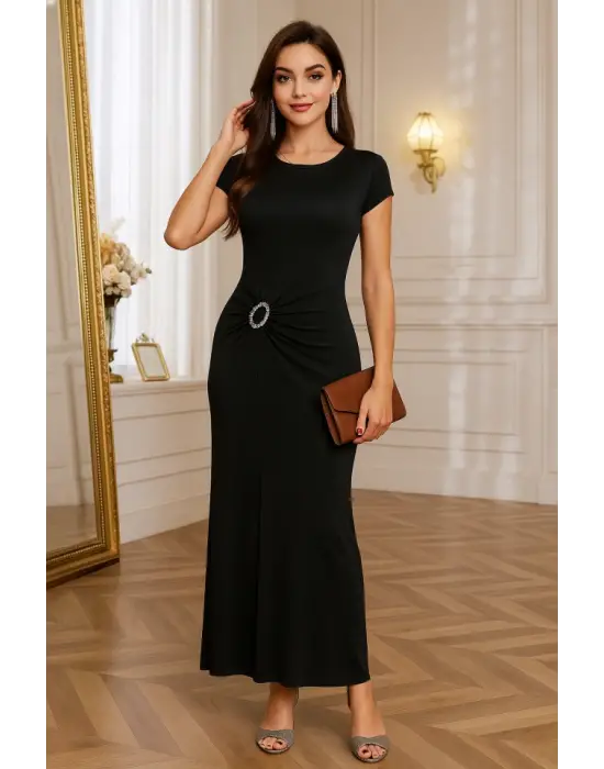 Kadın Yarım Ay Kollu Yuvarlak Yaka önünde Toka Detaylı Modal Maxi Elbise