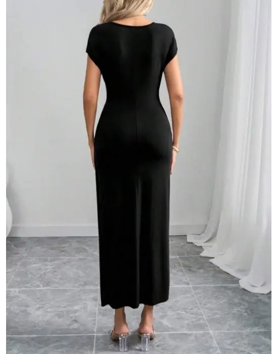 Kadın Yarım Ay Kollu Yuvarlak Yaka önünde Toka Detaylı Modal Maxi Elbise