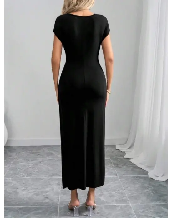 Kadın Yarım Ay Kollu Yuvarlak Yaka önünde Toka Detaylı Modal Maxi Elbise