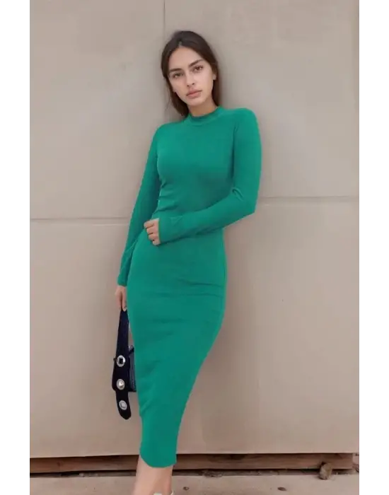 Omarı Yarım Balıkçı Yaka Suede Midi Boy Elbise