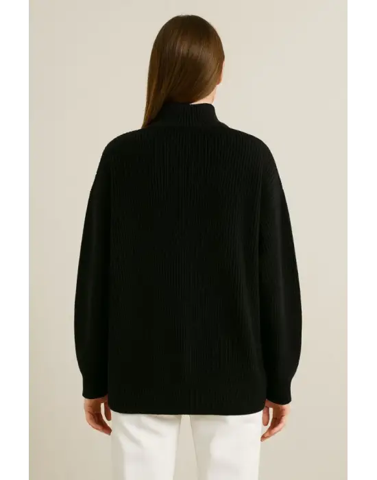 KADIN Yarım Fermuarlı Triko Kazak – Selanik Örgü, Dik Yaka, Pamuklu Dokuma, Oversize Uzun Kollu Kışlık Model - Siyah