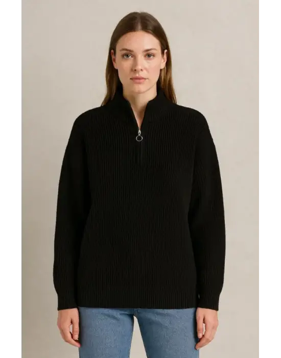 KADIN Yarım Fermuarlı Triko Kazak – Selanik Örgü, Dik Yaka, Pamuklu Dokuma, Oversize Uzun Kollu Kışlık Model - Siyah