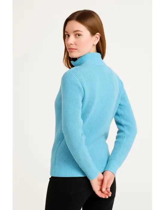 KADIN Yarım Fermuarlı Triko Kazak – Selanik Örgü, Dik Yaka, Pamuklu Dokuma, Oversize Uzun Kollu Kışlık Model - Bebe Mavisi