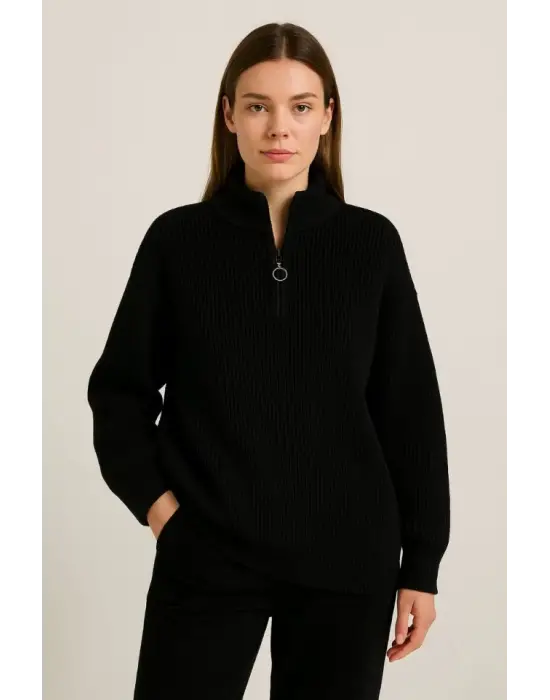 Siyah Yarım Fermuarlı Triko Kazak Kadın