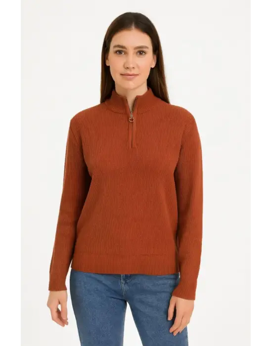 KADIN Yarım Fermuarlı Triko Kazak – Selanik Örgü, Dik Yaka, Pamuklu Dokuma, Oversize Uzun Kollu Kışlık Model - Kiremit
