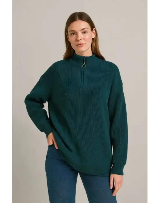 KADIN Yarım Fermuarlı Triko Kazak – Selanik Örgü, Dik Yaka, Pamuklu Dokuma, Oversize Uzun Kollu Kışlık Model - Haki