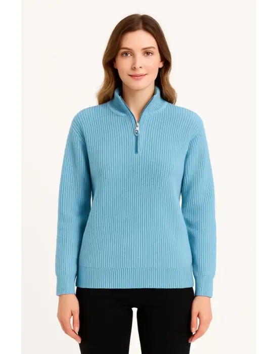 KADIN Yarım Fermuarlı Triko Kazak – Selanik Örgü, Dik Yaka, Pamuklu Dokuma, Oversize Uzun Kollu Kışlık Model - Bebe Mavisi