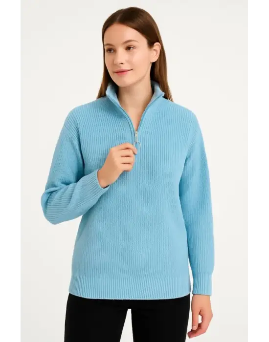 KADIN Yarım Fermuarlı Triko Kazak – Selanik Örgü, Dik Yaka, Pamuklu Dokuma, Oversize Uzun Kollu Kışlık Model - Bebe Mavisi