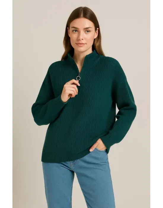 Haki Yarım Fermuarlı Triko Kazak Kışlık Model