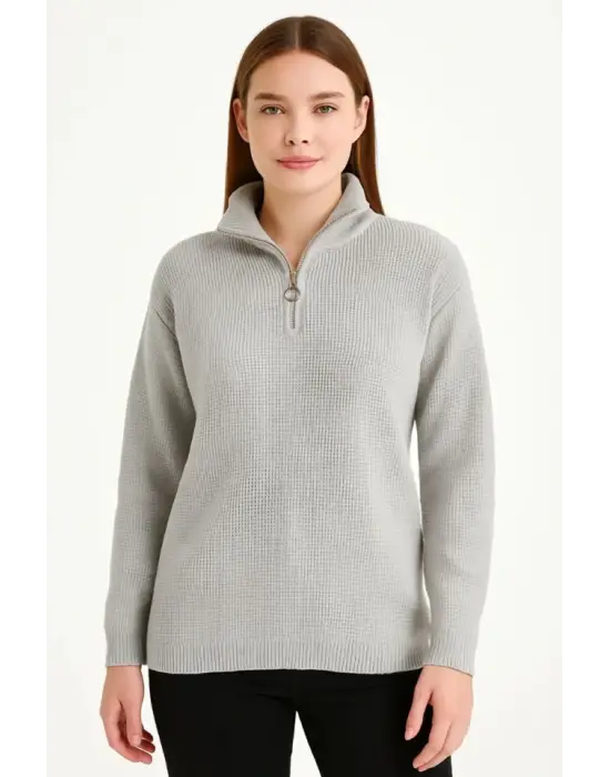 KADIN Yarım Fermuarlı Triko Kazak – Selanik Örgü, Dik Yaka, Pamuklu Dokuma, Regular Fit Uzun Kollu Kışlık Model - Gri