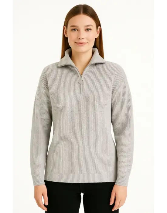 KADIN Yarım Fermuarlı Triko Kazak – Selanik Örgü, Dik Yaka, Pamuklu Dokuma, Regular Fit Uzun Kollu Kışlık Model - Gri