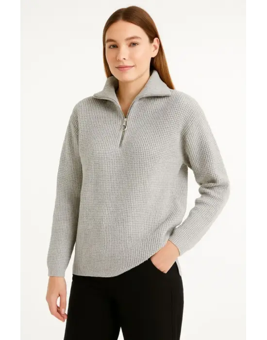 KADIN Yarım Fermuarlı Triko Kazak – Selanik Örgü, Dik Yaka, Pamuklu Dokuma, Regular Fit Uzun Kollu Kışlık Model - Gri