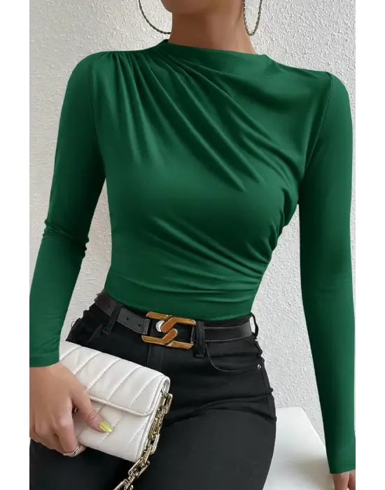 Kadın Yeşil Belden ve Boyundan Büzgü Detaylı Uzun Kollu Bluz