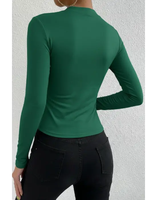 Kadın Yeşil Belden ve Boyundan Büzgü Detaylı Uzun Kollu Bluz