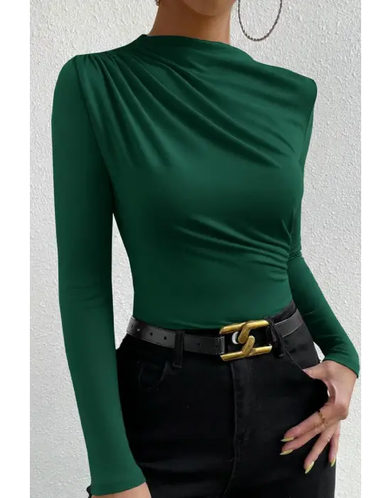 Kadın Yeşil Belden ve Boyundan Büzgü Detaylı Uzun Kollu Bluz