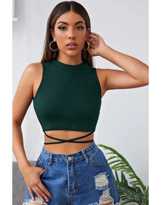 Omarı Modern Yeşil Çapraz Bağlamalı Crop Top