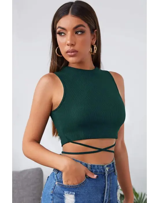 Omarı Modern Yeşil Çapraz Bağlamalı Crop Top