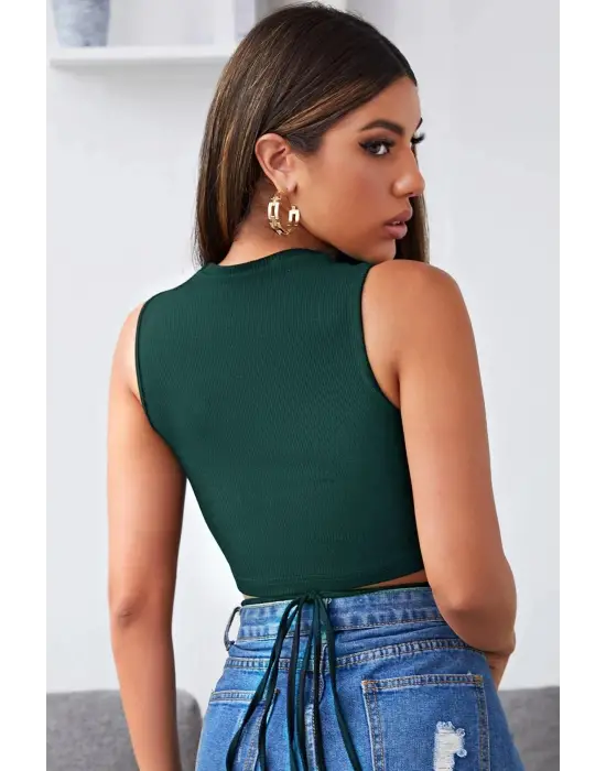 Omarı Modern Yeşil Çapraz Bağlamalı Crop Top