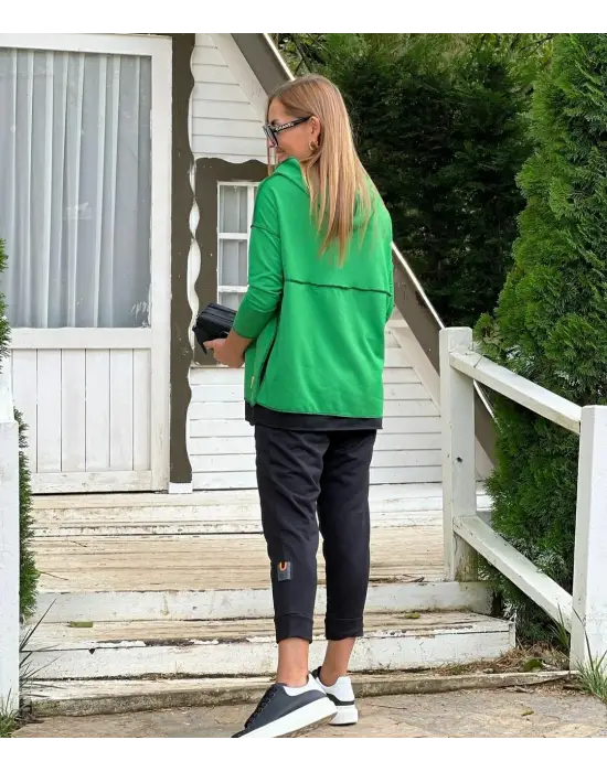 Kadın Yeşil Kapşonlu Etek Ucu Detay Arma Ters Dikiş Gorunumlu Ikili Takım