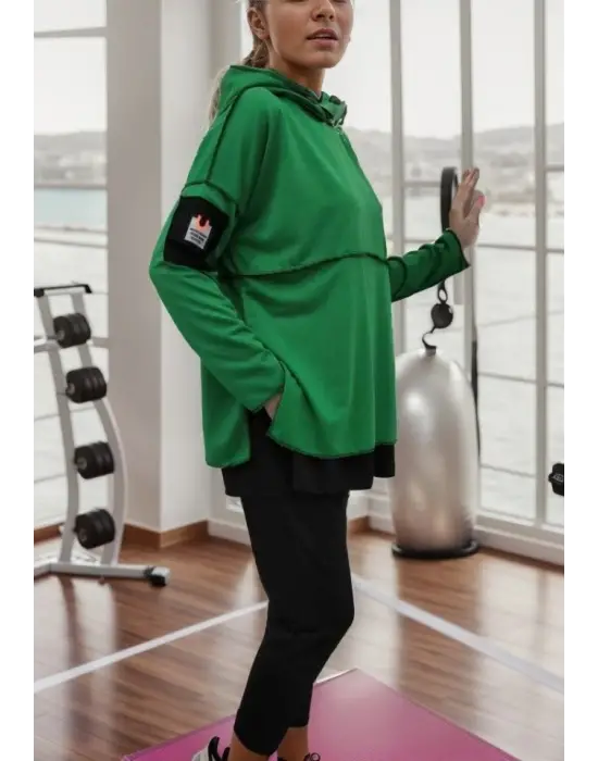 Kadın Yeşil Kapşonlu Etek Ucu Detay Arma Ters Dikiş Gorunumlu Ikili Takım