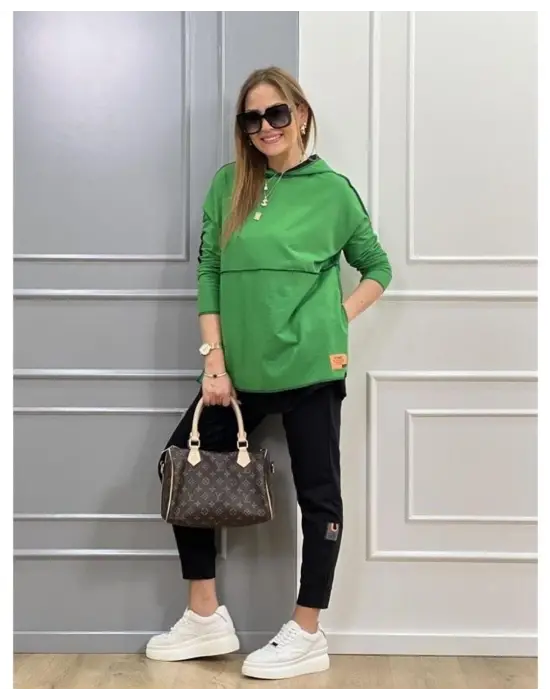 Kadın Yeşil Kapşonlu Etek Ucu Detay Arma Ters Dikiş Gorunumlu Ikili Takım