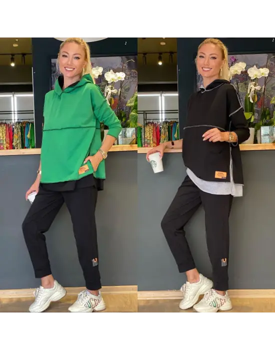 Kadın Yeşil Kapşonlu Etek Ucu Detay Arma Ters Dikiş Gorunumlu Ikili Takım